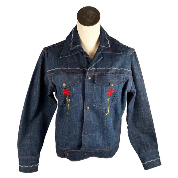 NOS 70s Embroidered Denim Jacket Mushrooms & Flowers Sz 40 Hippie Boho - Picture 1 of 9